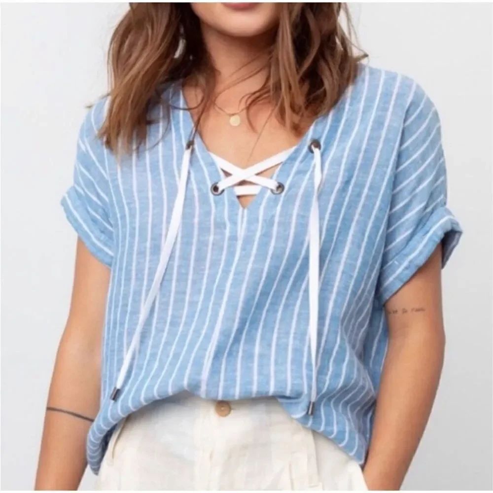 Rails blue & white striped linen blend lace up slouchy blouse